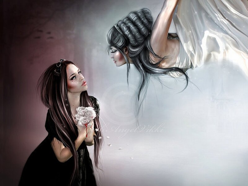 Woman Holding Roses — Black, Dramatic, Digital Art