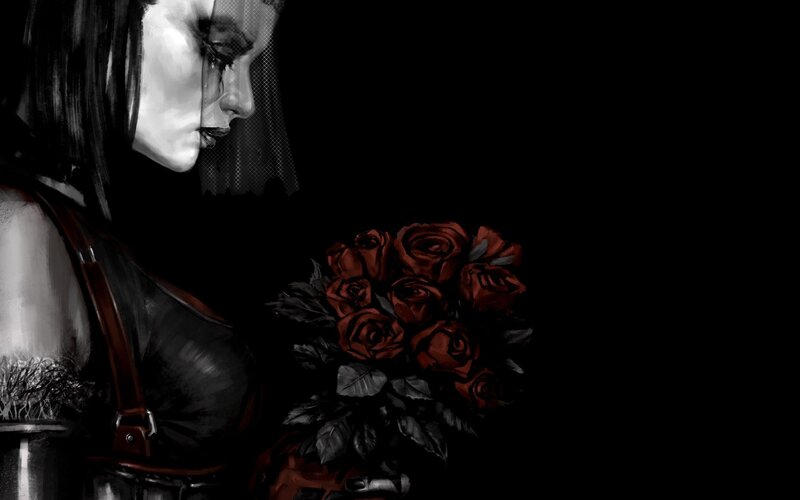 Woman Holding Roses — Black, Dramatic, Night, Digital Art