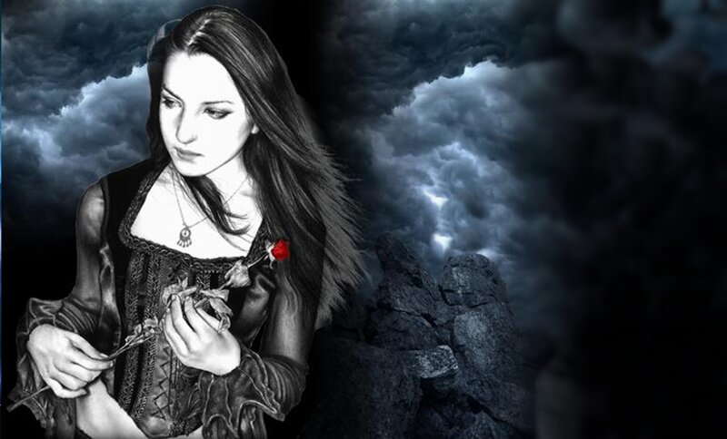 Woman Holding Roses — Black, Dramatic, Night