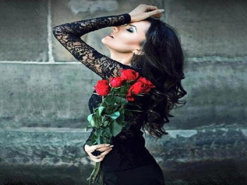 Woman Holding Roses — Black, Dramatic, Photograph, Lace Dress