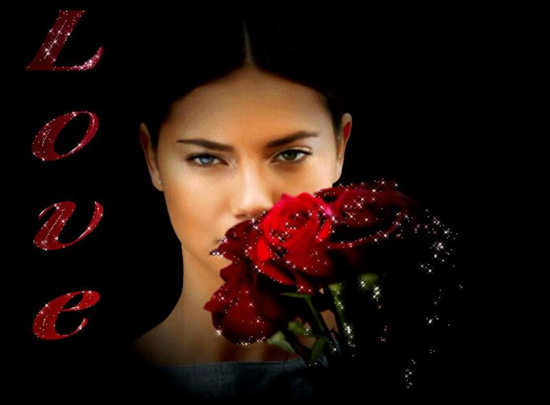 Woman Holding Roses — Black, Dramatic, Photograph, Text