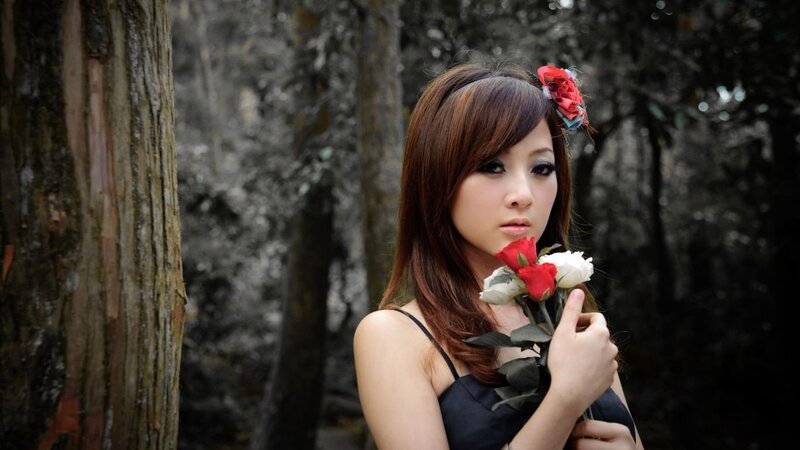 Woman Holding Roses — Black, Melancholic, Photograph