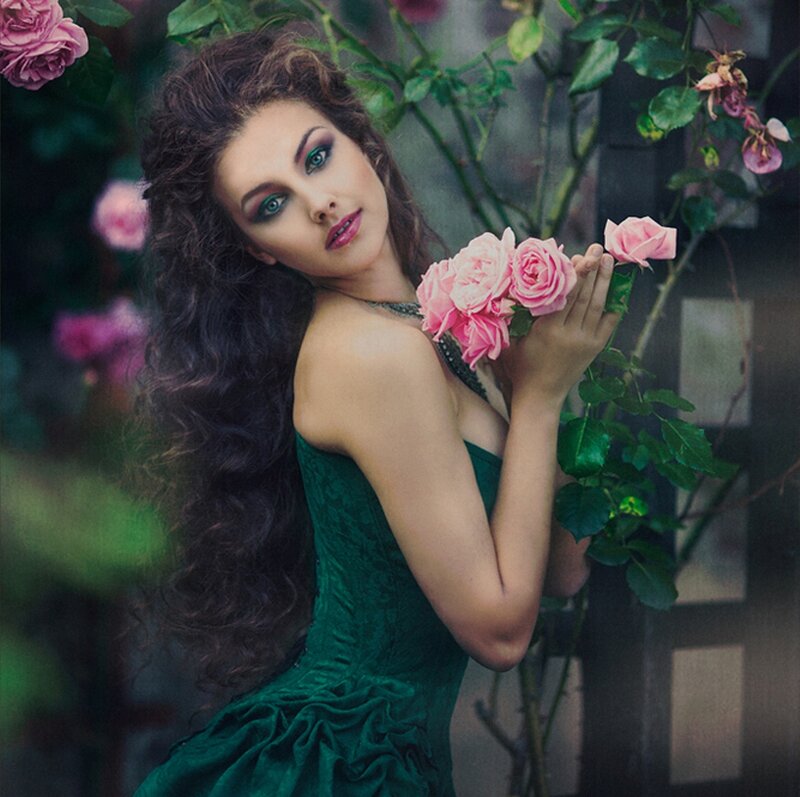 Woman Holding Roses — Green, Dramatic