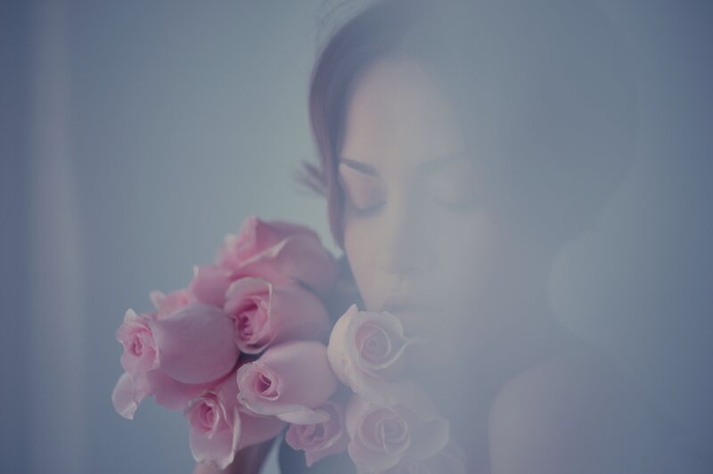Woman Holding Roses — Pink, Serene, Photograph