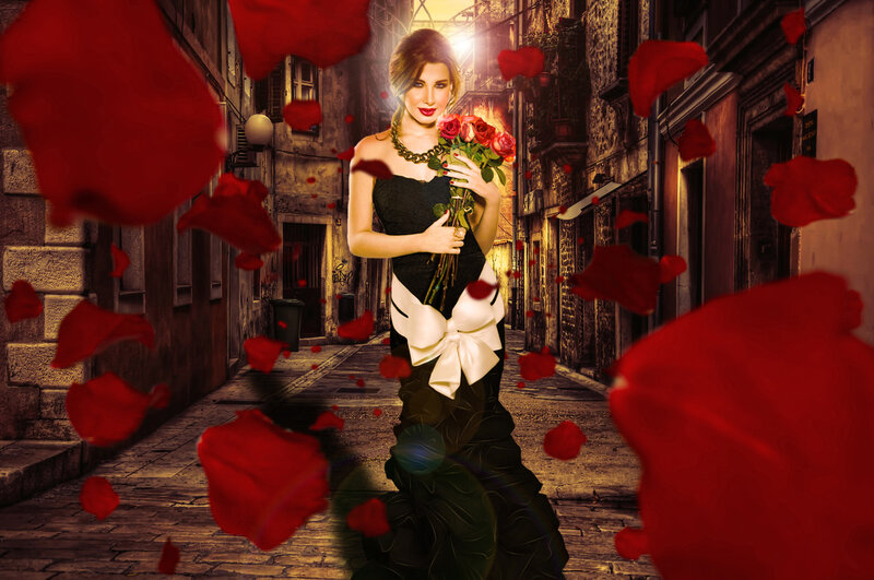 Woman Holding Roses — Red, Dramatic, Night