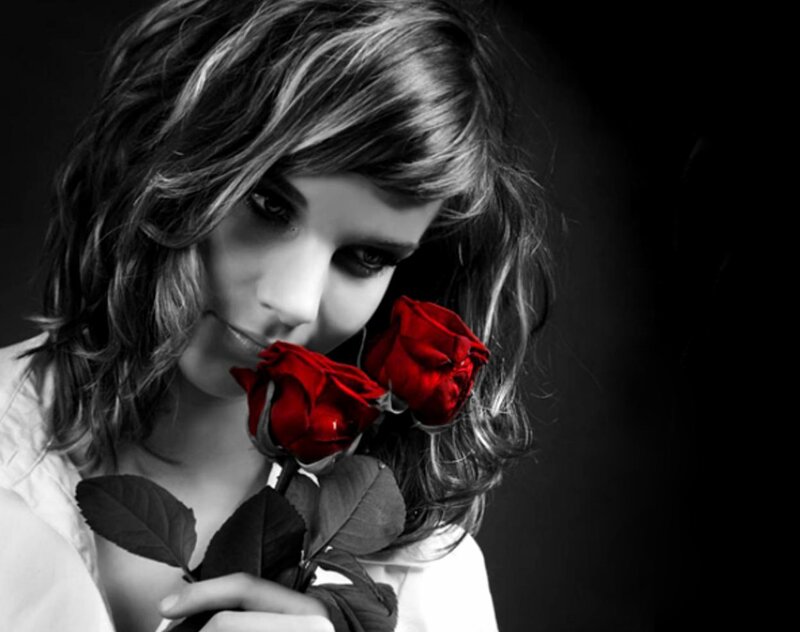 Woman Holding Roses — Red, Dramatic, Photograph, Hair