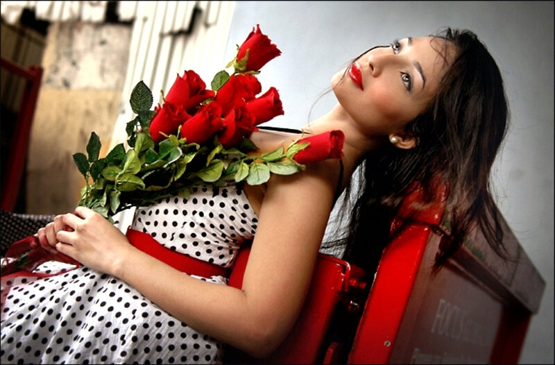Woman Holding Roses — Red, Dramatic