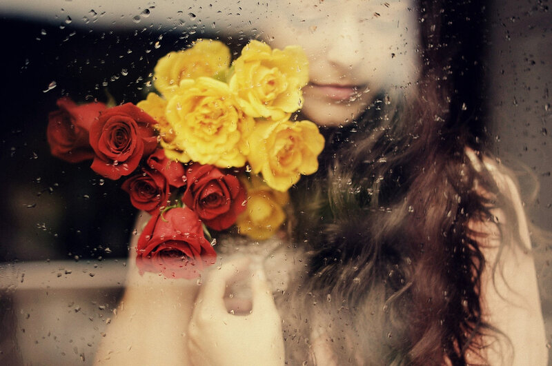 Woman Holding Roses — Red, Melancholic, Photograph, Raindrops