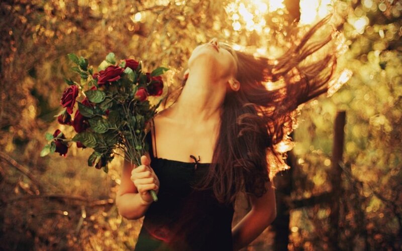 Woman Holding Roses — Red, Serene
