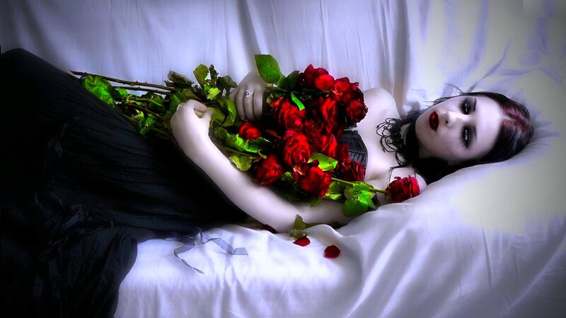 Woman Holding Roses — White, Dramatic