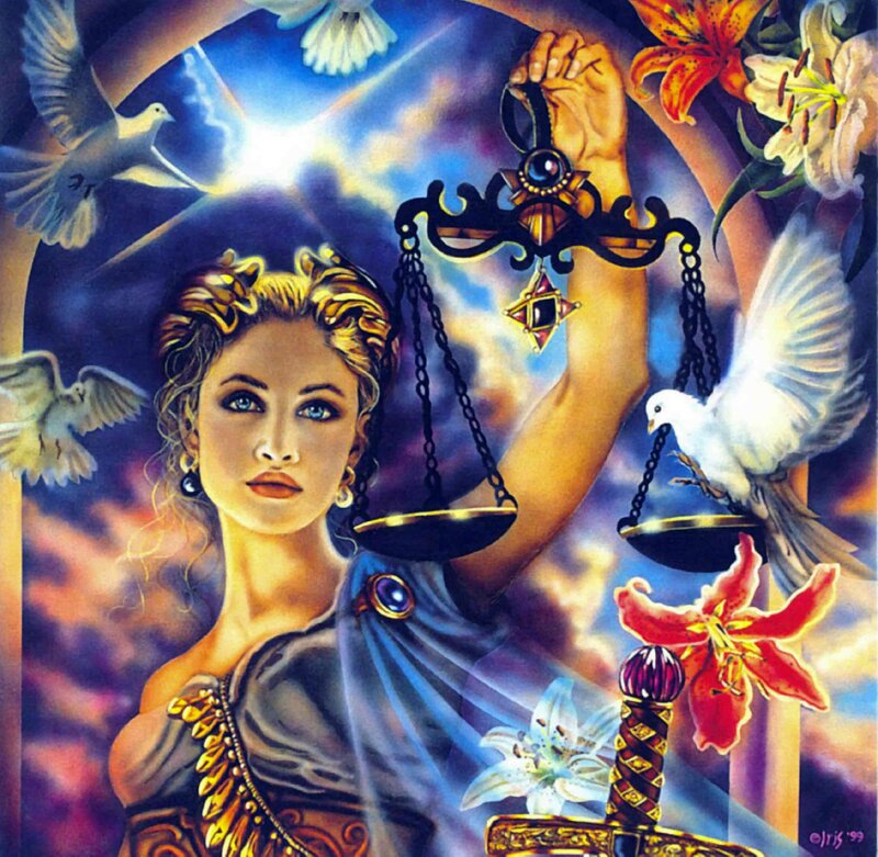 Woman Holding Scales — Blue, Dramatic, Illustration