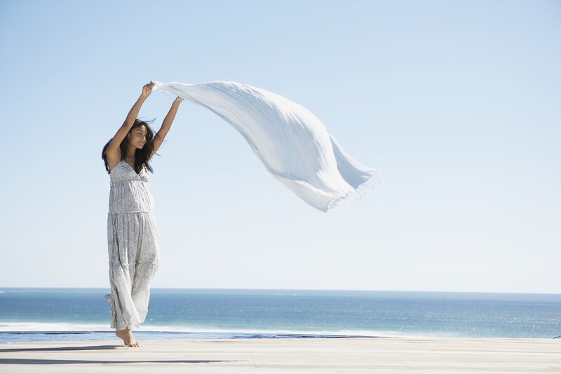 Woman Holding Scarf — Blue