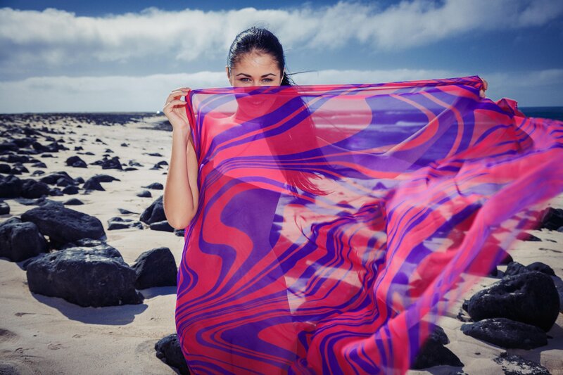 Woman Holding Scarf — Pink, Dramatic, Afternoon