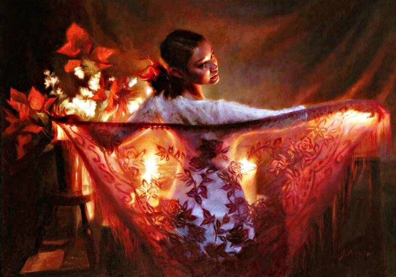Woman Holding Scarf — Red, Dramatic