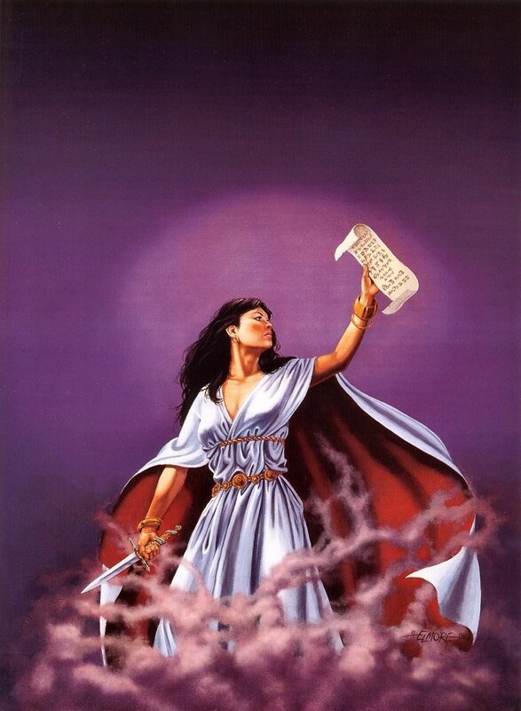 Woman holding scroll and sword
