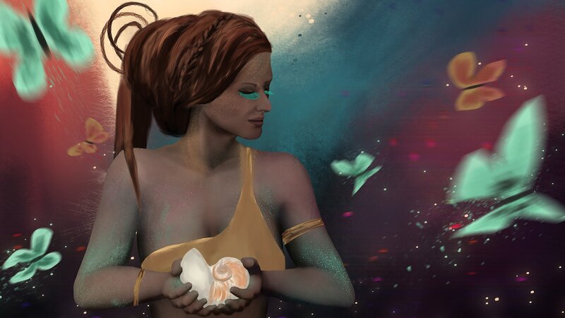 Woman Holding Seashell — Teal