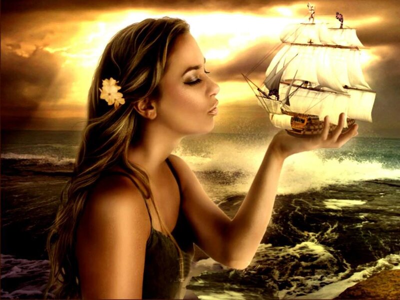 Woman Holding Ship Model — Gold, Dramatic, Sunset, Digital Art
