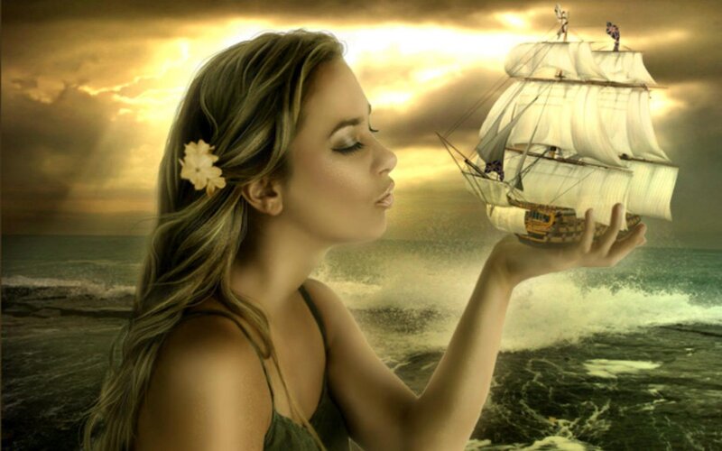 Woman Holding Ship Model — Gold, Dramatic, Sunset