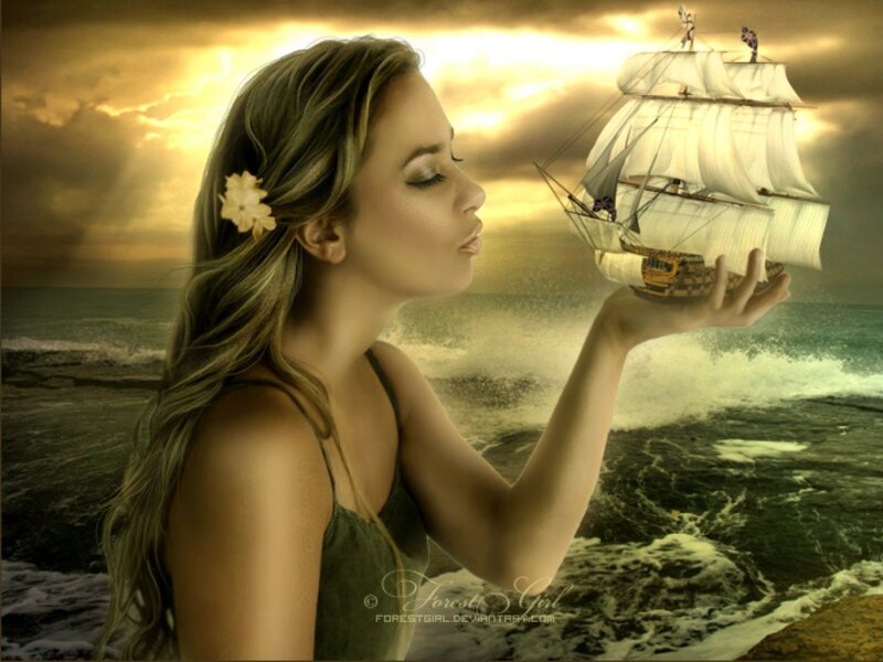 Woman Holding Ship Model — Gold, Dramatic