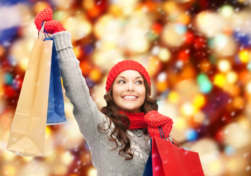 Woman Holding Shopping Bags — Red, Festive