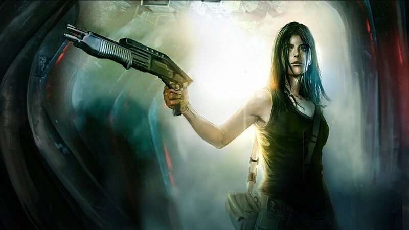 Woman Holding Shotgun — Green, Dramatic