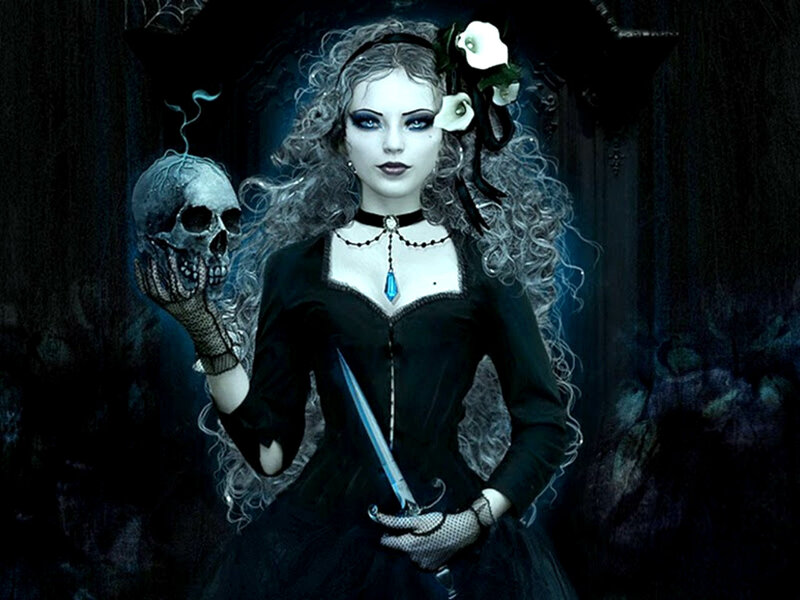 Woman Holding Skull and Dagger — Black, Dark