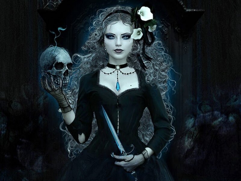 Woman Holding Skull and Dagger — Black