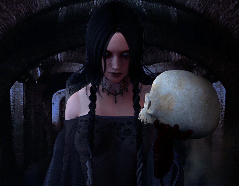 Woman Holding Skull — Black, Dark, Eerie