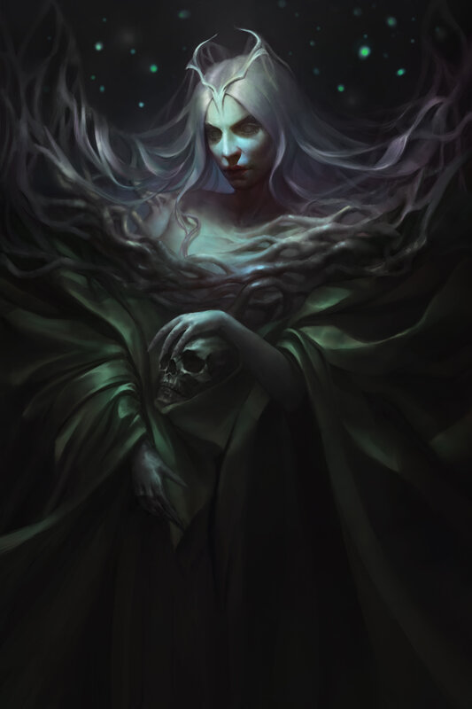 Woman Holding Skull — Black, Dark, Night, Digital Art, Cloak