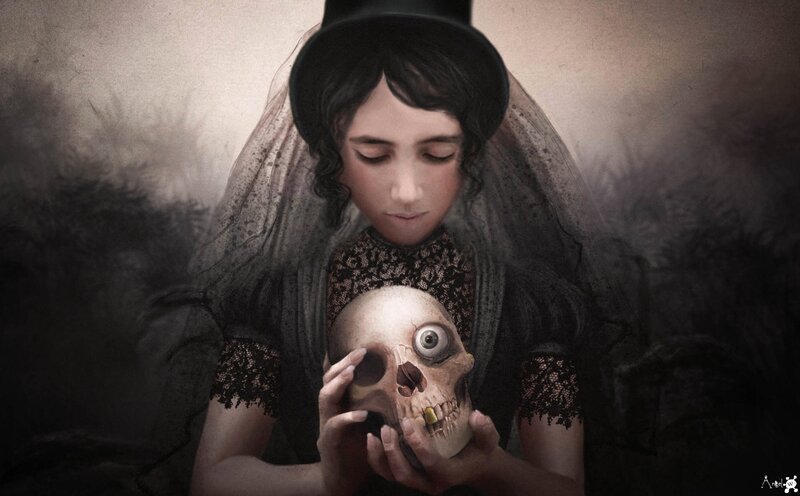 Woman Holding Skull — Black, Dramatic, Digital Art, Top Hat