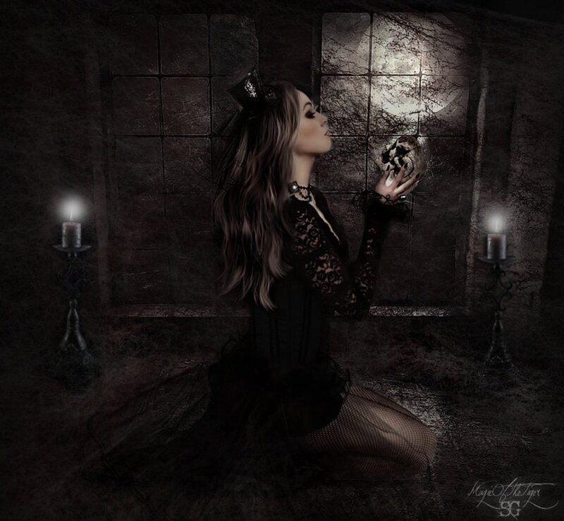 Woman Holding Skull — Black, Dramatic, Night, Digital Art, Candle