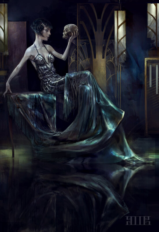 Woman Holding Skull — Black, Dramatic, Night, Digital Art, Dress