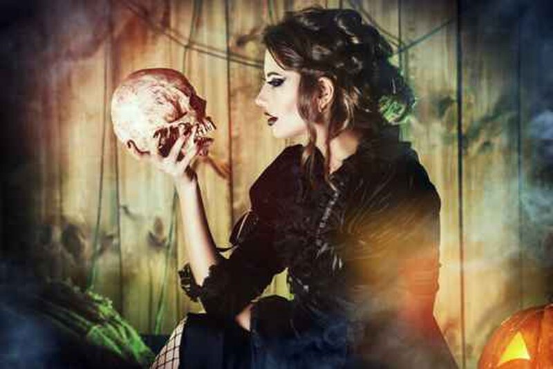 Woman Holding Skull — Black, Dramatic, Night, Photograph