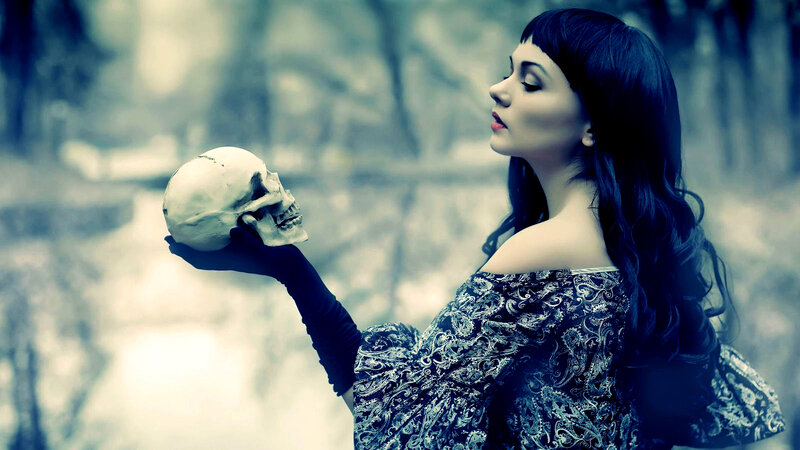 Woman Holding Skull — Blue, Dramatic, Photograph
