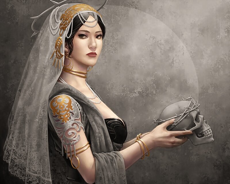 Woman Holding Skull — Gray, Dramatic