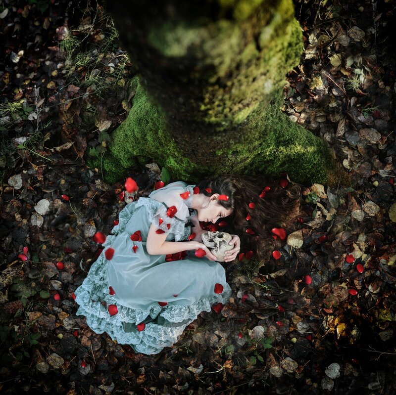 Woman Holding Skull — Green, Dramatic, Autumn