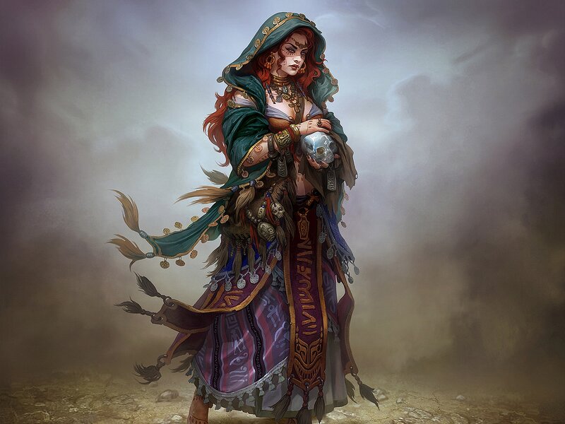 Woman Holding Skull — Green, Dramatic, Digital Art