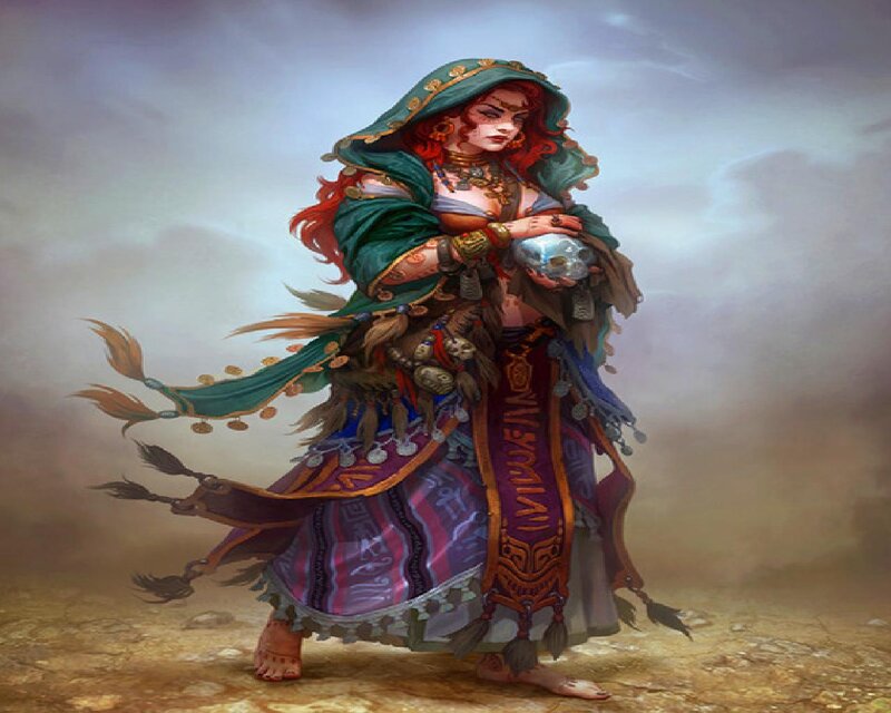 Woman Holding Skull — Green, Dramatic