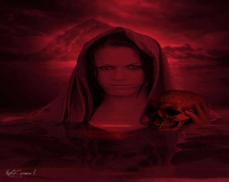 woman holding skull in red water