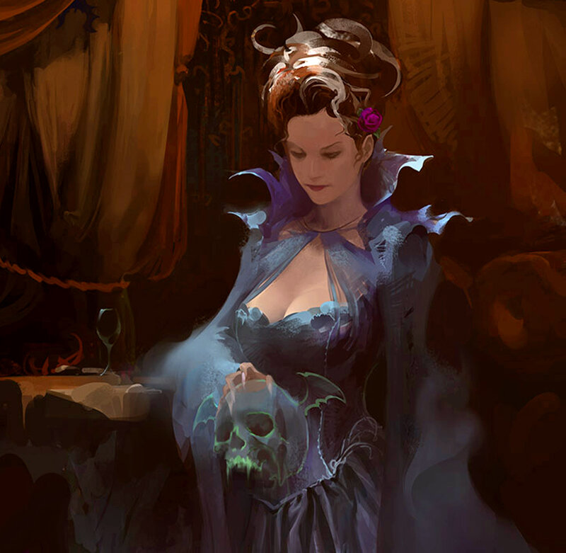 Woman Holding Skull — Purple, Dramatic, Night