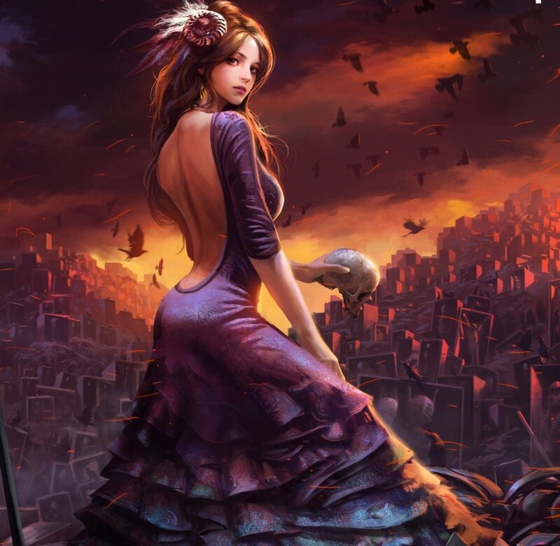 Woman Holding Skull — Purple, Dramatic, Sunset