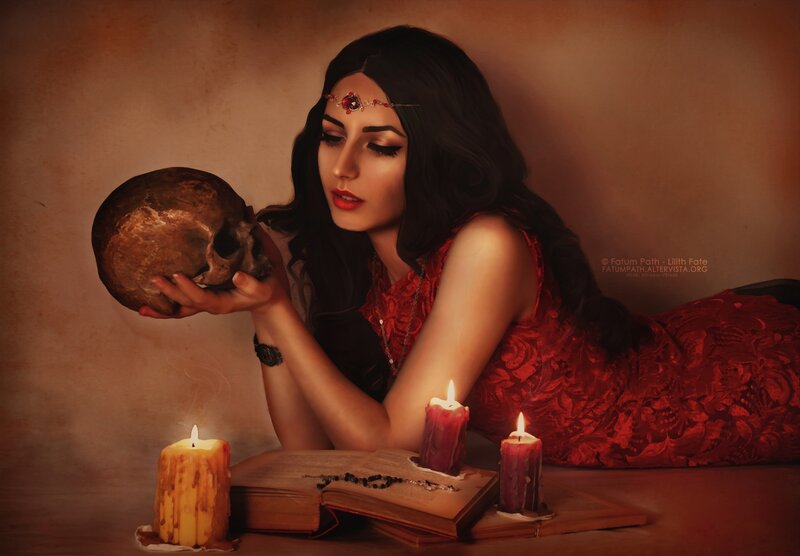 Woman Holding Skull — Red, Dramatic, Night