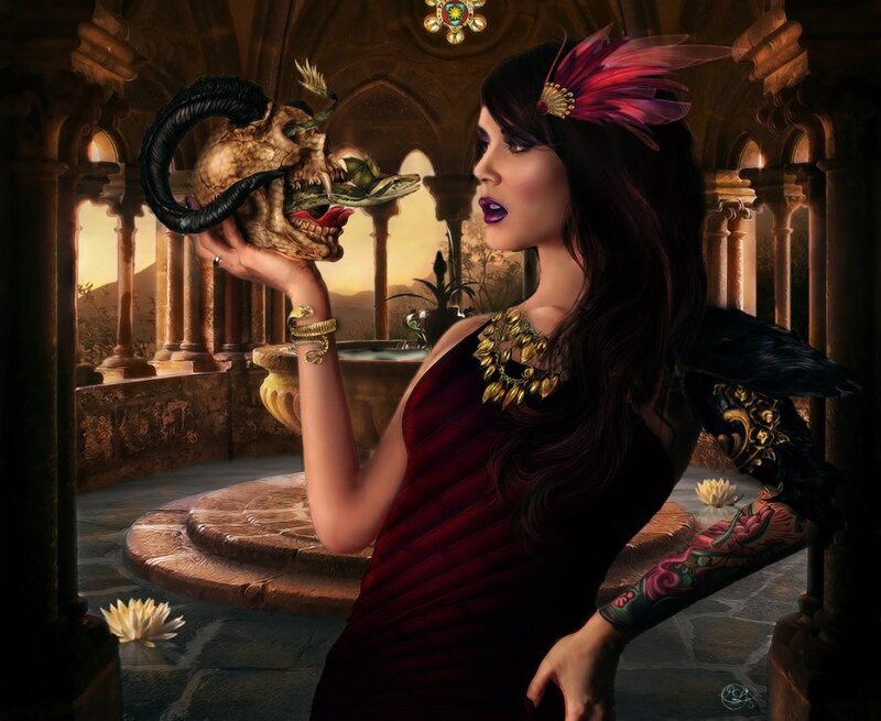 Woman Holding Skull — Red, Dramatic, Sunset, Digital Art