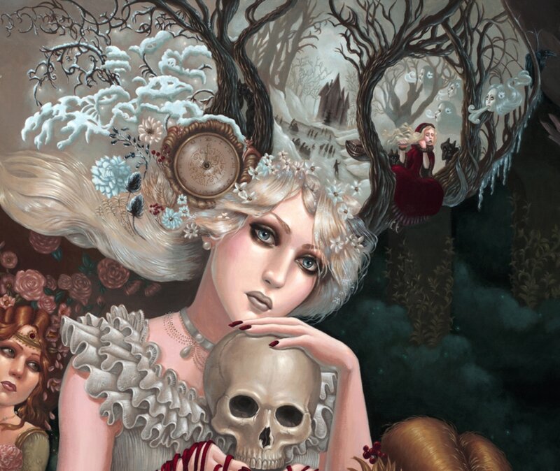 Woman Holding Skull — White, Dark