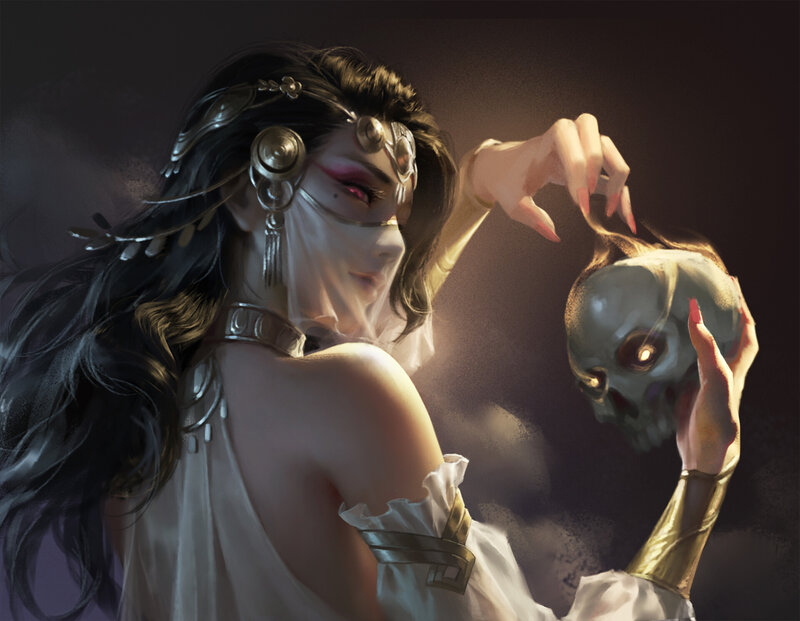 Woman Holding Skull — White, Dramatic, Digital Art
