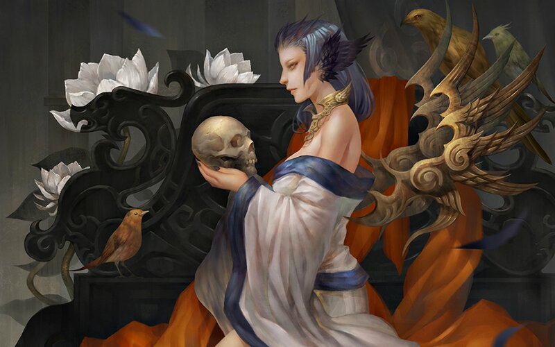 Woman Holding Skull — White, Dramatic