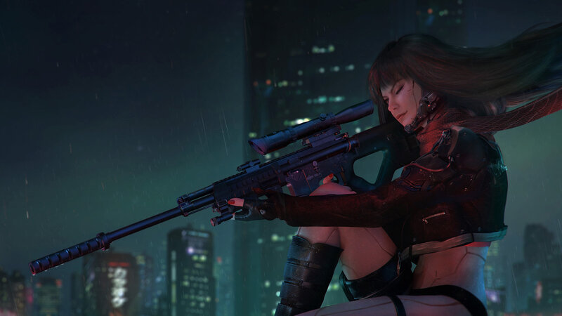 Woman Holding Sniper Rifle — Black, Dramatic