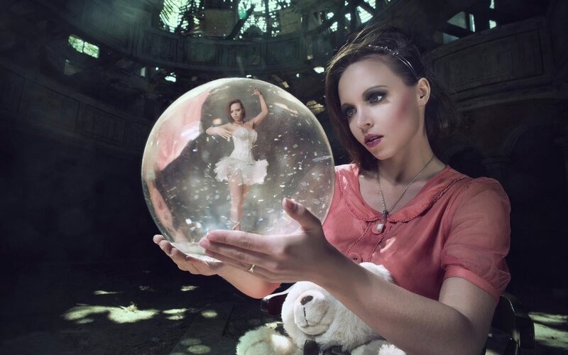 Woman Holding Snow Globe — Pink, Dramatic, Photograph