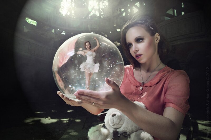 Woman Holding Snow Globe — Pink, Dramatic