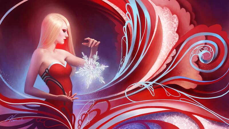 Woman Holding Snowflake — Red, Dramatic, Digital Art